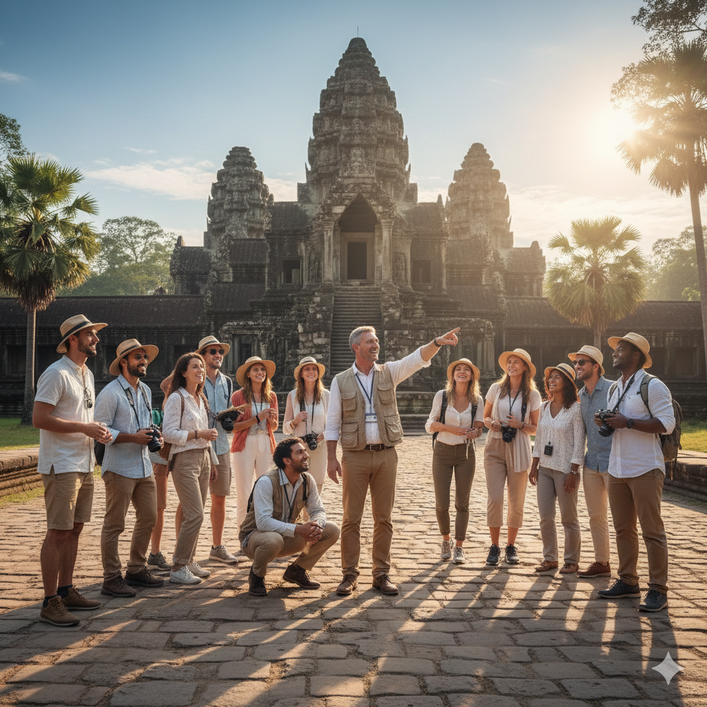 Tour guide explaining a landmark to a group of happy travelers.